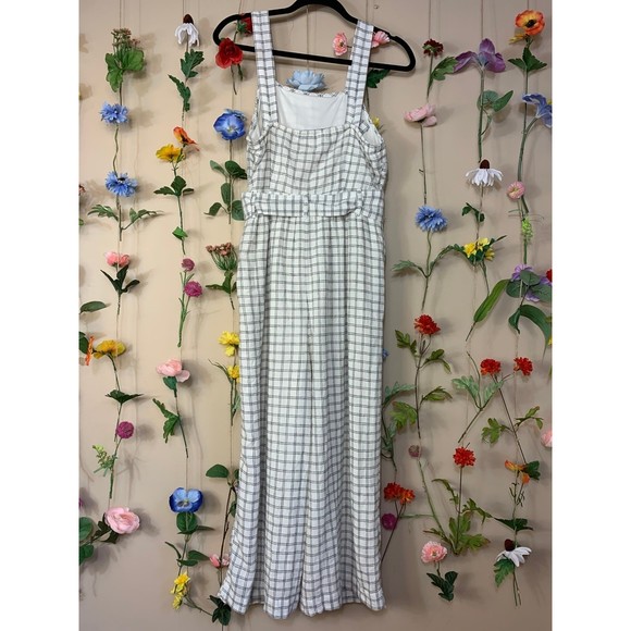 American Eagle White Linen Plaid Jumpsuit - Picture 4 of 11